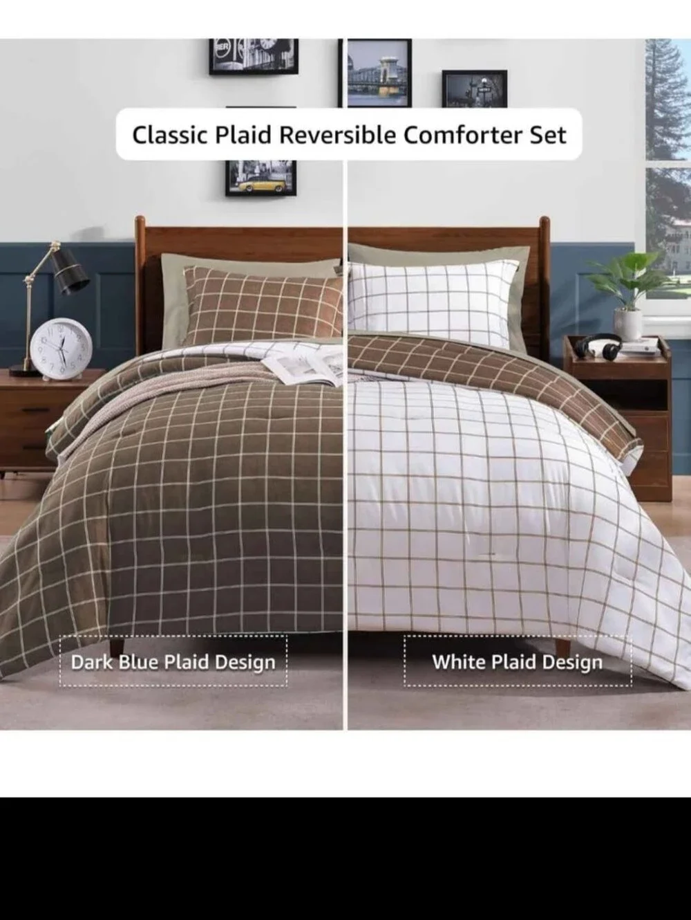 Plaid Twin XL Comforter Set Brown, Reversible Checkered Bedding Set 2Pieces new